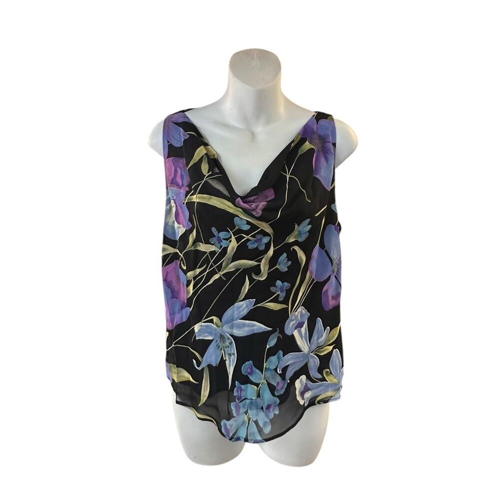 Cache Sleeveless Floral Rayon Print Top Sheer Overlay Lined Blouse Y2K Sz 12